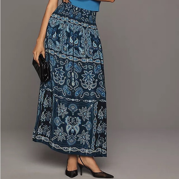Anthropologie Farm Rio Maxi Skirt XS Blue Paisley Floral Pull-On Boho Skirt